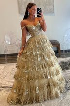 Vestido de graduación de princesa con hombros descubiertos, lentejuelas y encaje