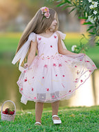Vestido de niña de las flores de tul hasta la rodilla con bordado de fresas 