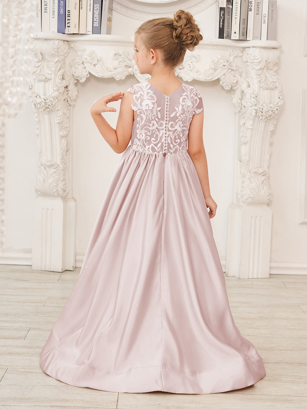 Vestido de niña de las flores de corte A, de satén y encaje, hasta el suelo 