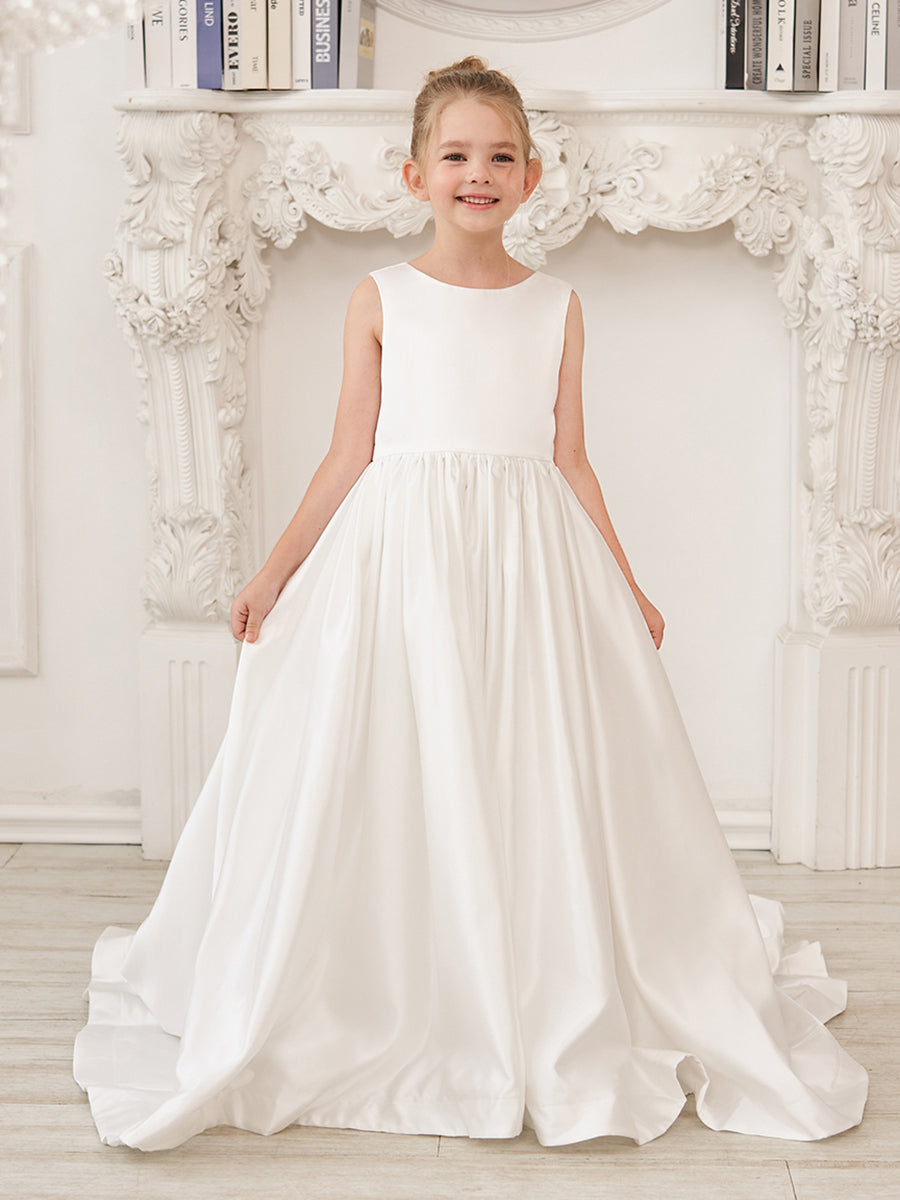 Vestido de niña de las flores de satén sin mangas, corte princesa, con cola y lazo. 