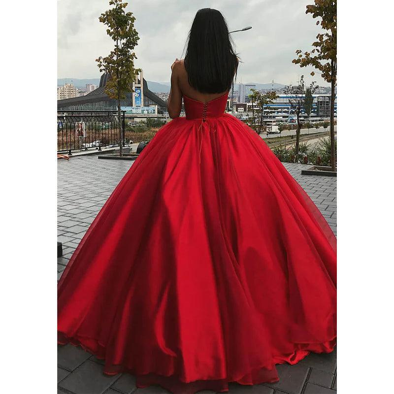Vestido de fiesta largo de tul rojo con escote en V, vestido de noche formal 