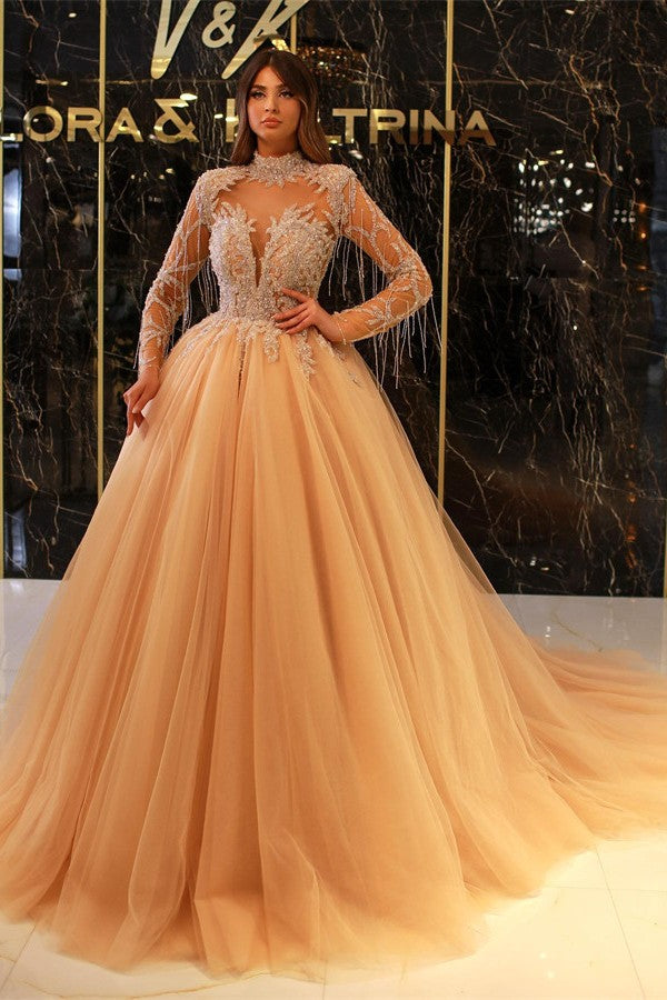 Vestido de gala de manga larga con tul y apliques para baile de graduación