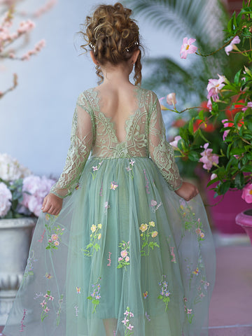 Vestido largo de niña de las flores de jardín, de tul bordado con encaje floral y corte en A 