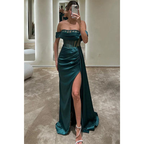 sexy & hot satin off-shoulder illusion pleats long prom dress with slit