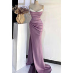 Vestido de noche para fiesta de graduación, escote en V, sin tirantes, con pliegues de cuentas y abertura lateral 