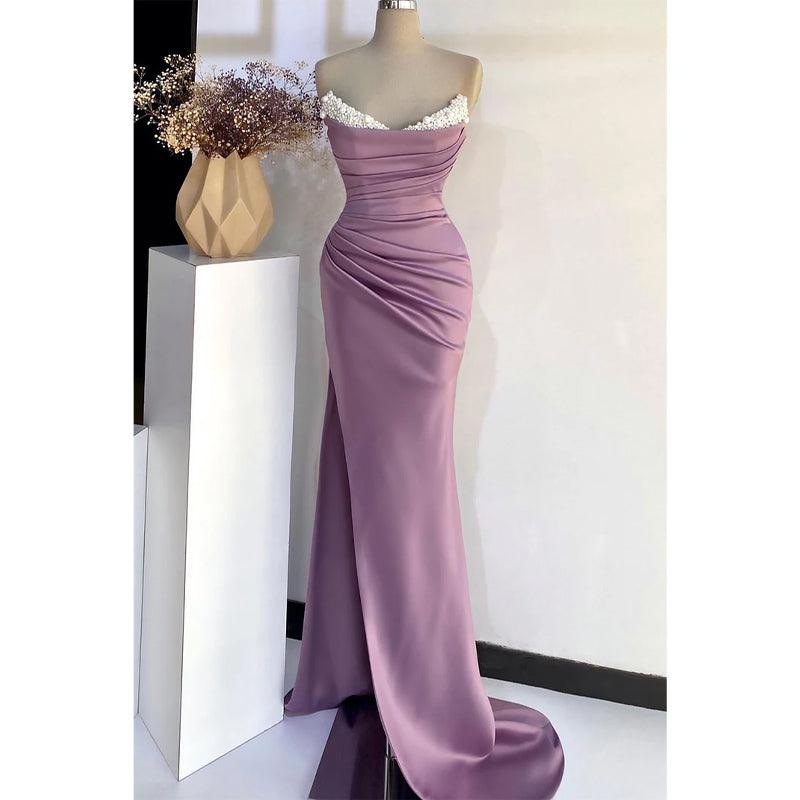 Vestido de noche para fiesta de graduación, escote en V, sin tirantes, con pliegues de cuentas y abertura lateral 