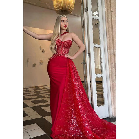 Unique One Shoulder Sweetheart Red Mermaid Formal Evening Dress