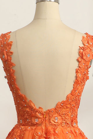 Princess A Line V Neck Orange Long Prom Dress with Appliques