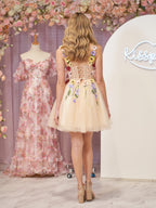 Vestido de fiesta de tul corte A con flores 3D