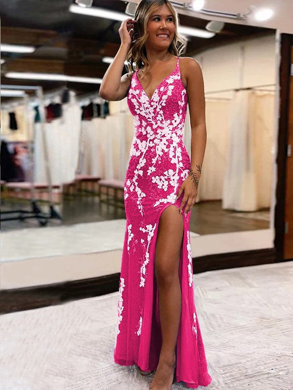 Ainhoa ​​| Vestido largo de fiesta de sirena azul brillante con encaje y abertura