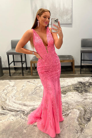 Mermaid Deep V Neck Black Long Prom Dress with Open Back