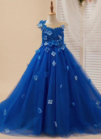 Vestido de princesa para niña de las flores con apliques y lazo azul real 