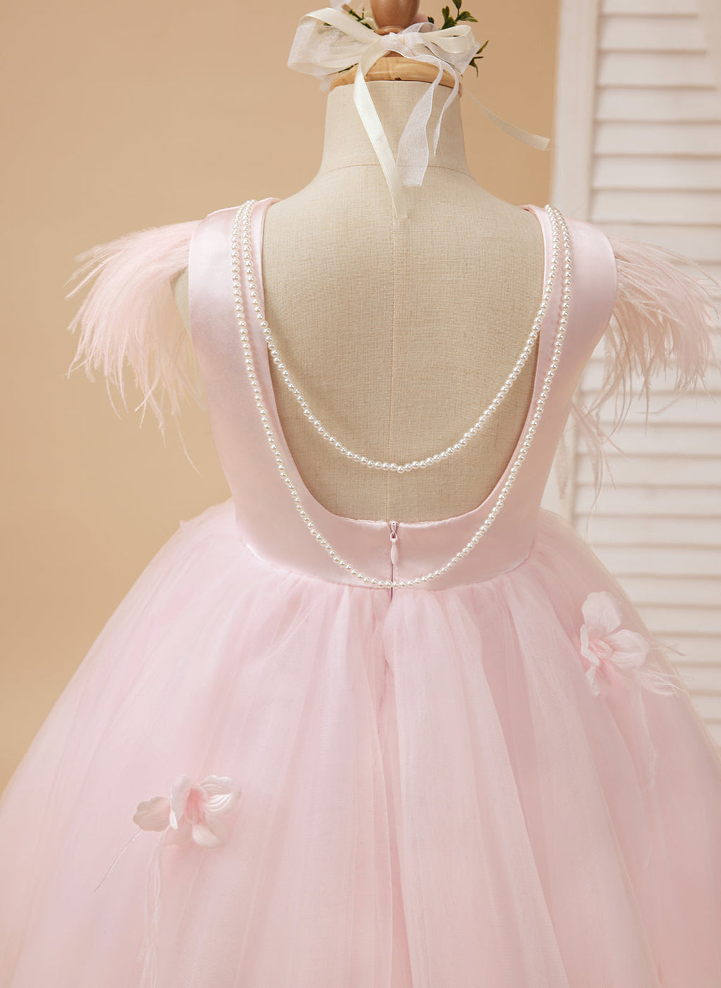 Vestido de niña de las flores de tul sin mangas estilo princesa con cuentas y lazo de plumas (010224704) 