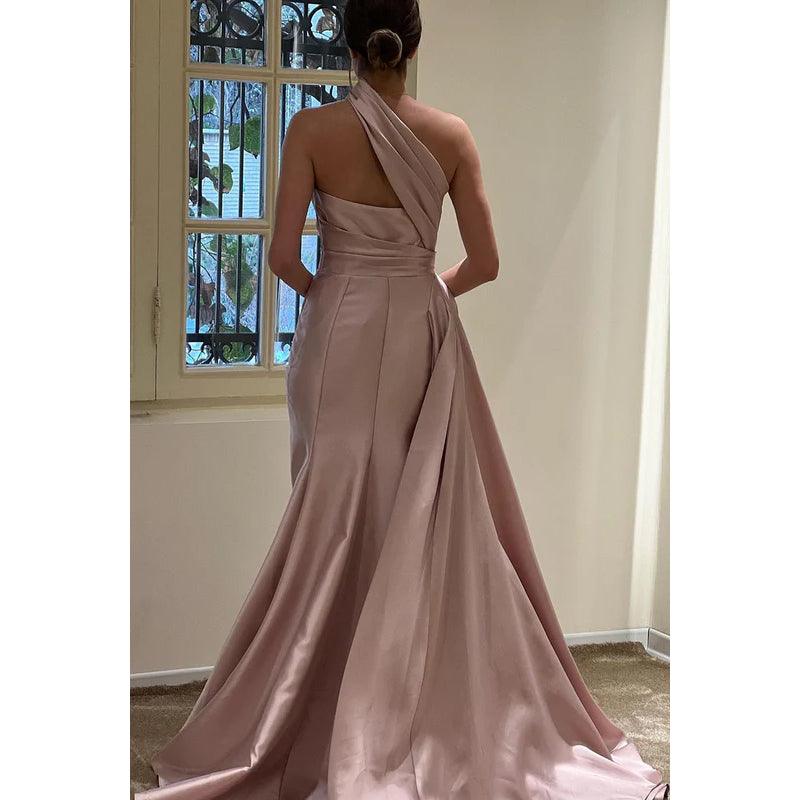 Vestido de fiesta sin mangas, de satén, con pliegues y un solo hombro, corte tubo/columna