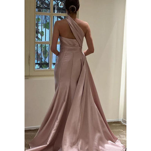 Sheath/Column One Shoulder Satin Pleats Sleeveless Party Dress