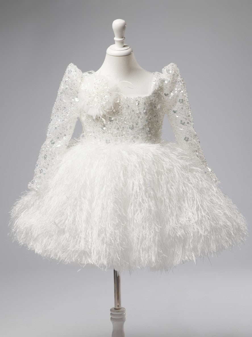 Vestido blanco de tul y plumas hasta la rodilla para bebé niña 