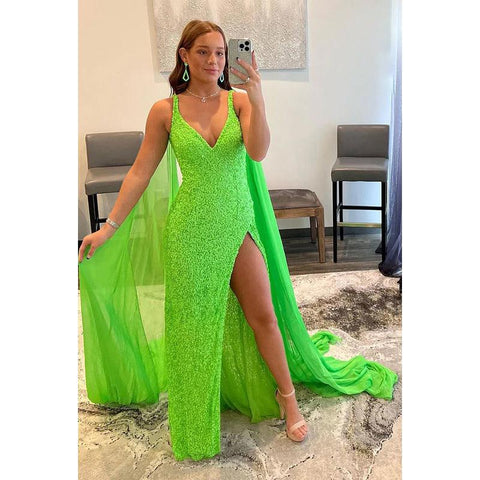 Vestido formal de noche con escote en V, lentejuelas, abertura, sin mangas y corte tubo/columna