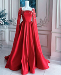 Precioso vestido de graduación rojo satinado con apliques, vestido de noche formal de corte A con capa Y7593