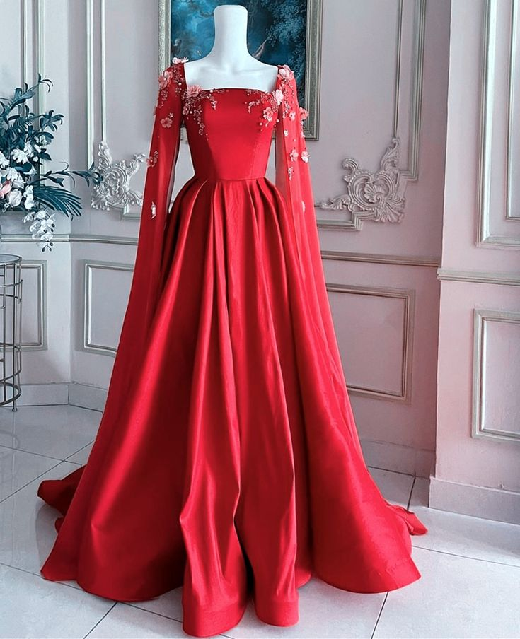 Precioso vestido de graduación rojo satinado con apliques, vestido de noche formal de corte A con capa Y7593