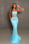 Robe de soirée sirène longue bleu ciel élégante sans bretelles ornée de perles