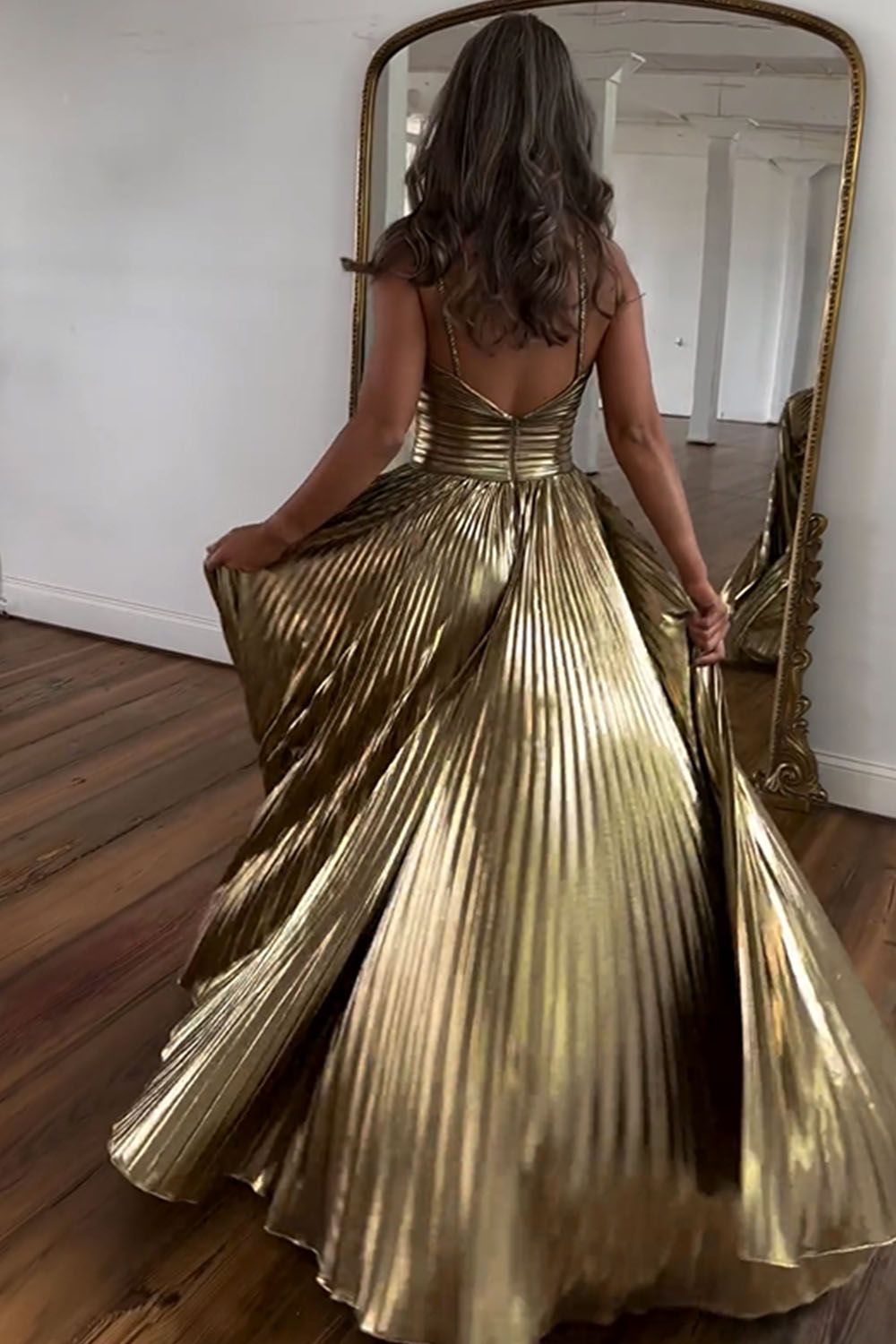 Sparkly A Line Halter Neck Pleated Long Prom Dress with Keyhole Slit