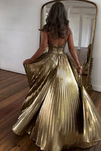Sparkly A Line Halter Neck Pleated Long Prom Dress with Keyhole Slit