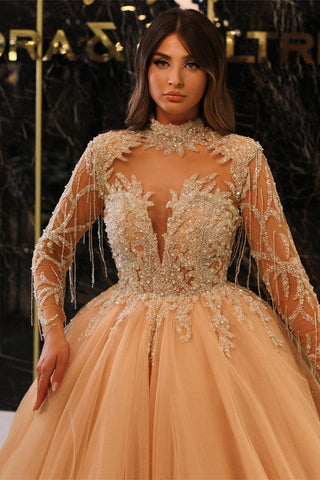 Robe de bal à manches longues en tulle avec appliques