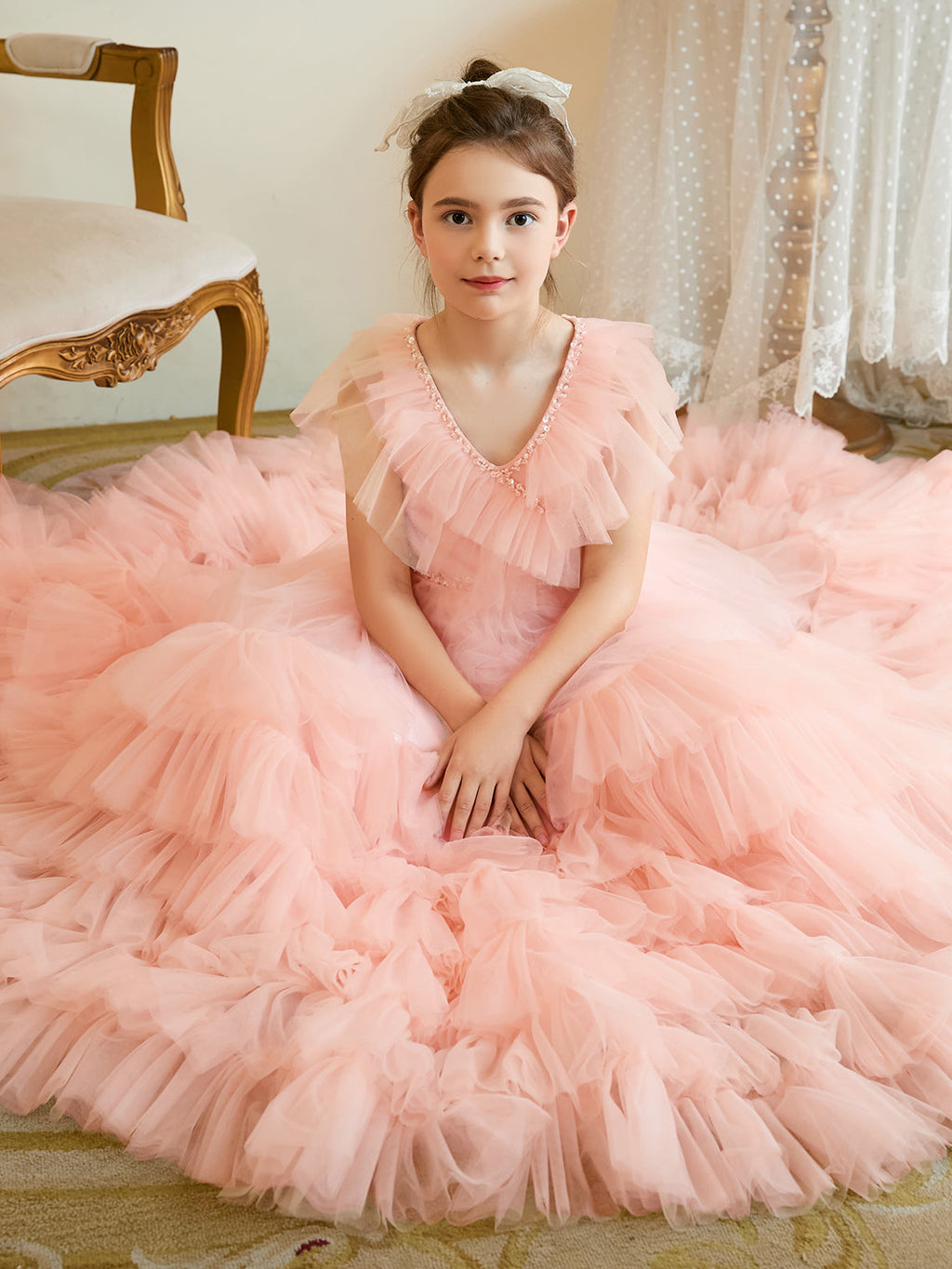 Vestido rosa perla de corte A con cola de tul (2003225563) 