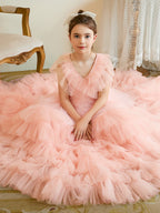 Vestido rosa perla de corte A con cola de tul (2003225563) 