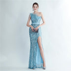 Heavy Industry Ostrich Hair Craft Beading Evening Dress with Side Slit