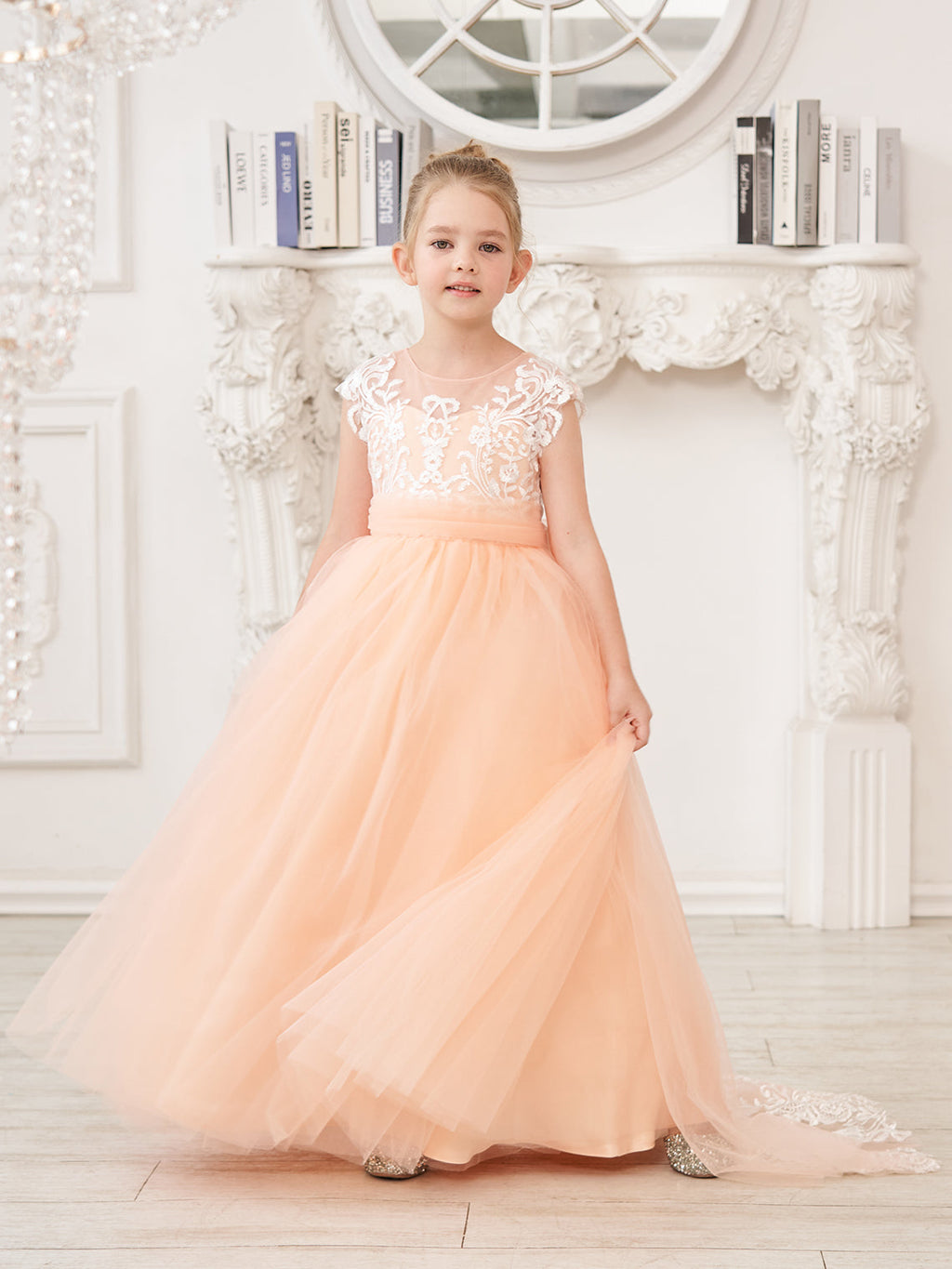 Vestido rosa de niña de las flores, corte en A, encaje, tul y cola corta 