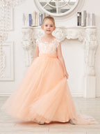 Vestido rosa de niña de las flores, corte en A, encaje, tul y cola corta 