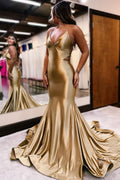 Elegantes vestidos largos de sirena con escote en V y espalda descubierta para bailes de graduación