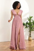 Robe de demoiselle d'honneur longue en mousseline rose poudré à col en V