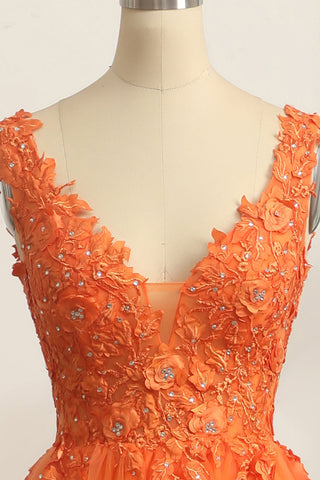 Princess A Line V Neck Orange Long Prom Dress with Appliques