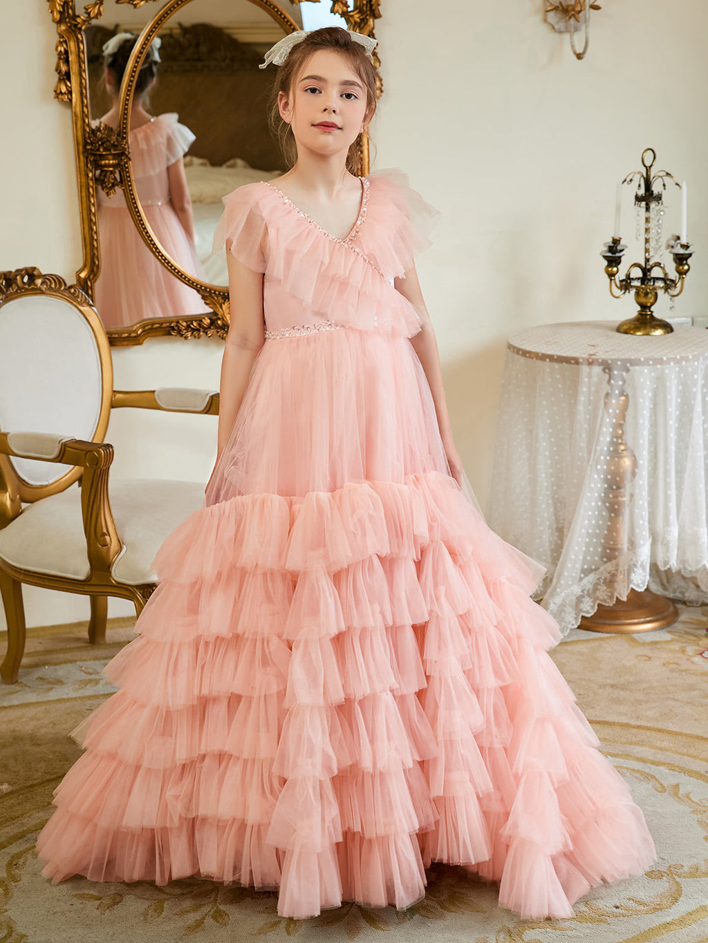 Vestido rosa perla de corte A con cola de tul (2003225563) 