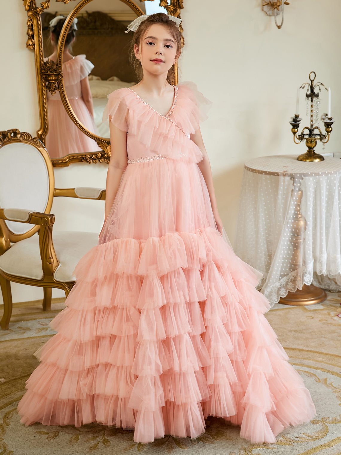 Vestido rosa perla de corte A con cola de tul (2003225563) 