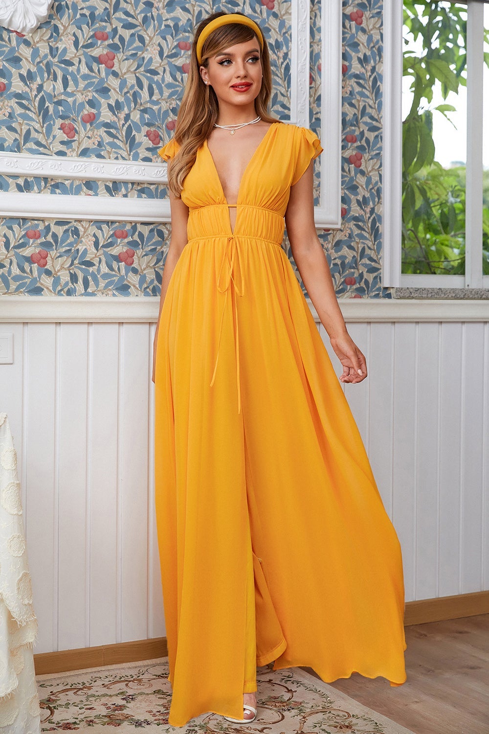 Robe de demoiselle d'honneur maxi bohème jaune