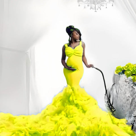 Vestido de maternidad con cintura de tul suave, corte sirena y elástico, ideal para fotos de mujeres embarazadas con barriga grande.