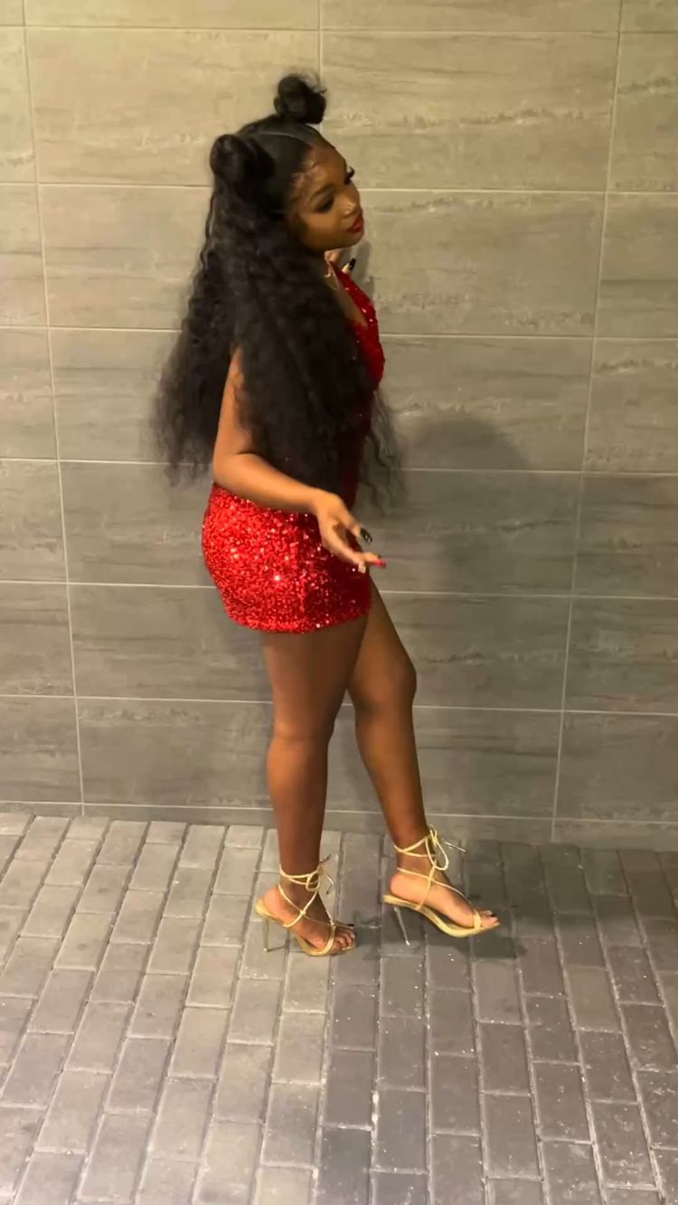 Vestido rojo de lentejuelas con escote en V para fiesta de bienvenida al 18 cumpleaños de chicas negras Y324