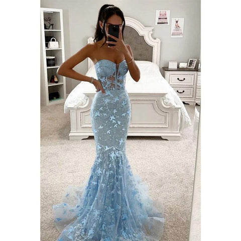 Vestido largo de sirena con encaje 3D y escote corazón para graduación 