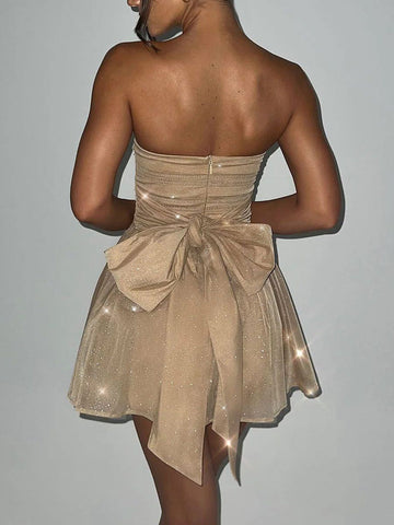 TARUXY Shiny Sequins Evening Dress Women Off Shoulder Slim Ruffle Mini Dresses Lady Party Bow Bandage Sexy Backless Dress Woman