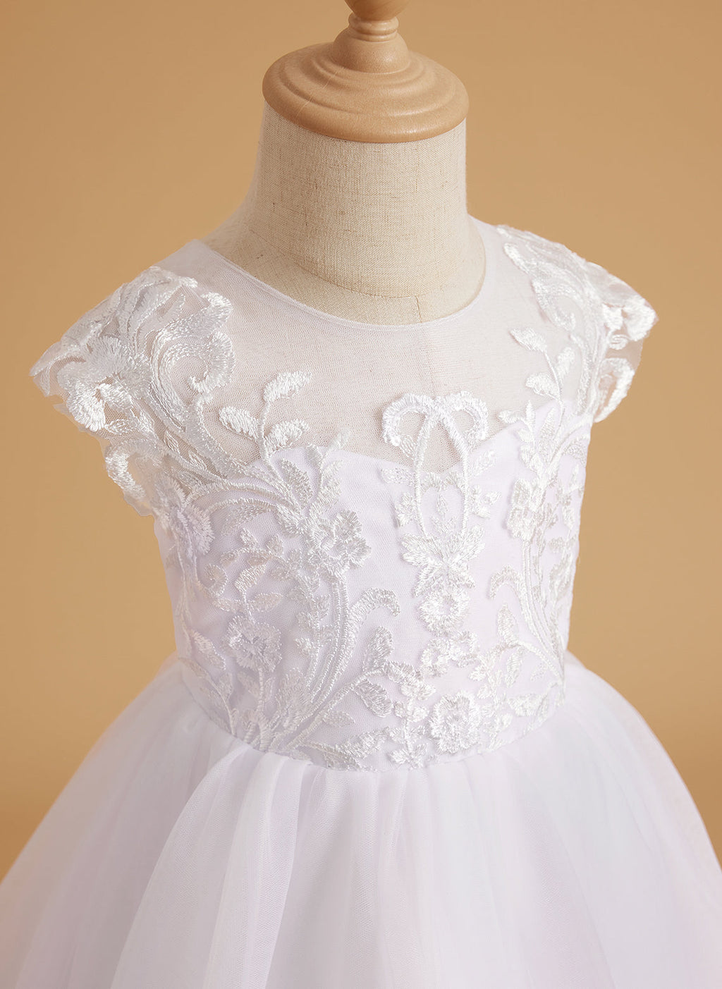 Vestido rosa de niña de las flores, corte en A, encaje, tul y cola corta 