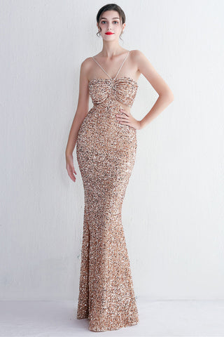 Vestido largo de fiesta negro con lentejuelas, estilo sirena, escote halter y abertura en forma de ojo de cerradura