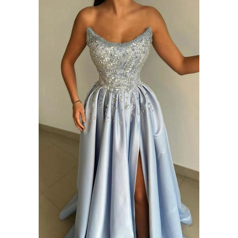 Elegant Luxurious Beaded Off-Shoulder Sleeveless Long A-Line Slit Formal Prom Dress