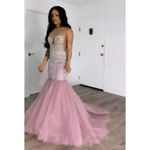 Scoop Sequins Appliqued Sheer Tulle Mermaid Long Prom Evening Dress