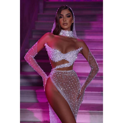 Vestido de fiesta de noche con escote en V, lentejuelas y cuentas abiertas