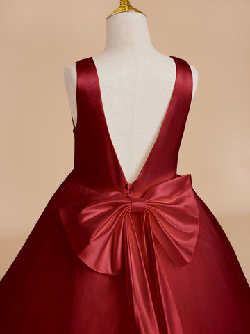 Vestido clásico blanco de corte A sin mangas para niña de las flores, de satén y tul 