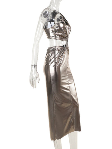 Vestidos largos de noche ajustados, sin mangas, asimétricos, plisados, brillantes, con abertura en la espalda y un solo hombro. 