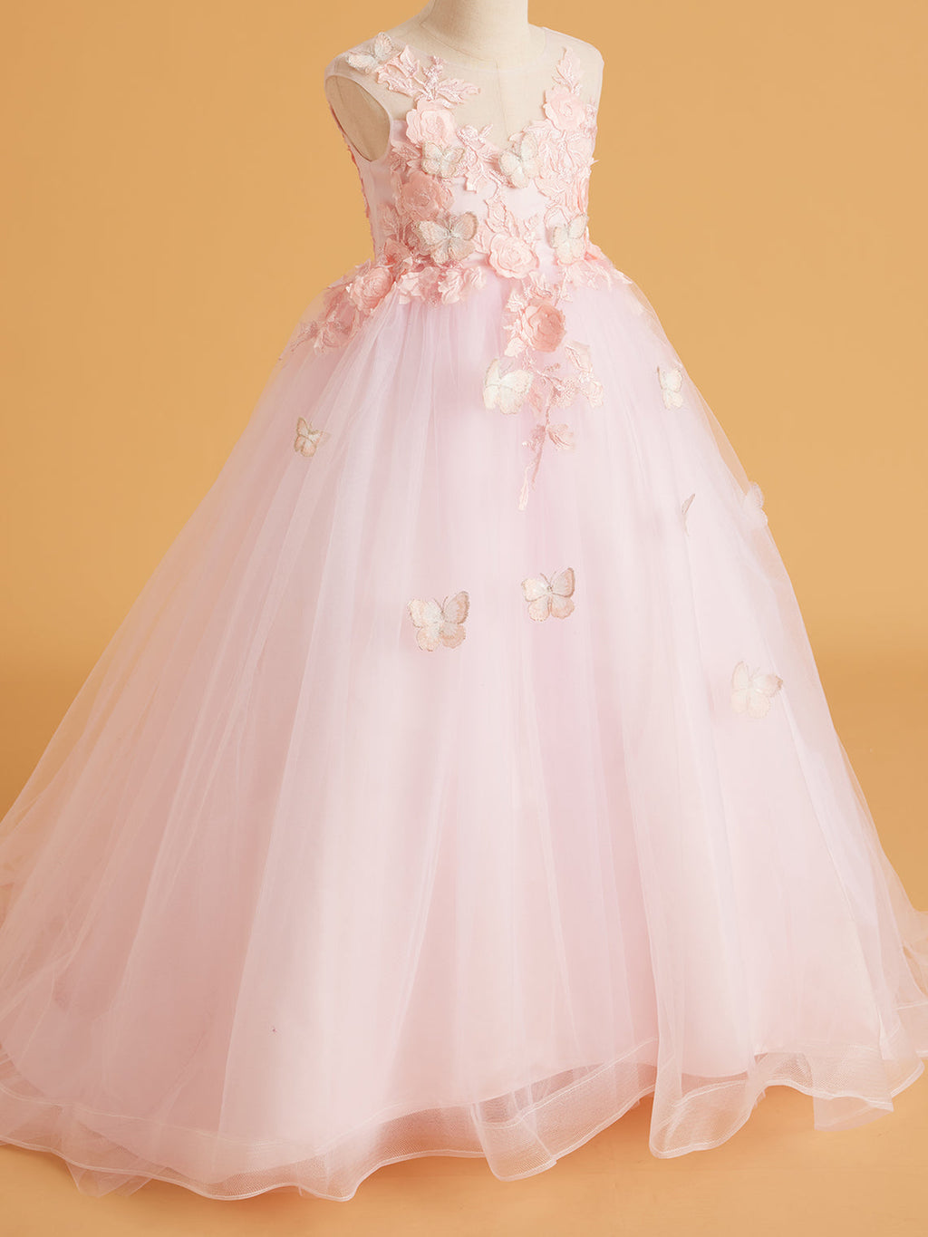 Vestido rosa con cola de tul y encaje (2003227825) 
